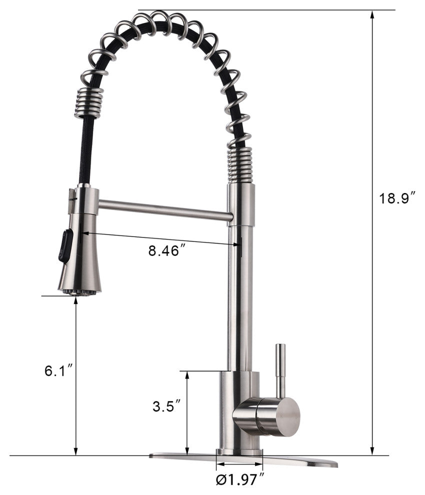 Single Handle Deck Mounted Spring Neck Pull Down Kitchen Faucet with Sprayer, Br