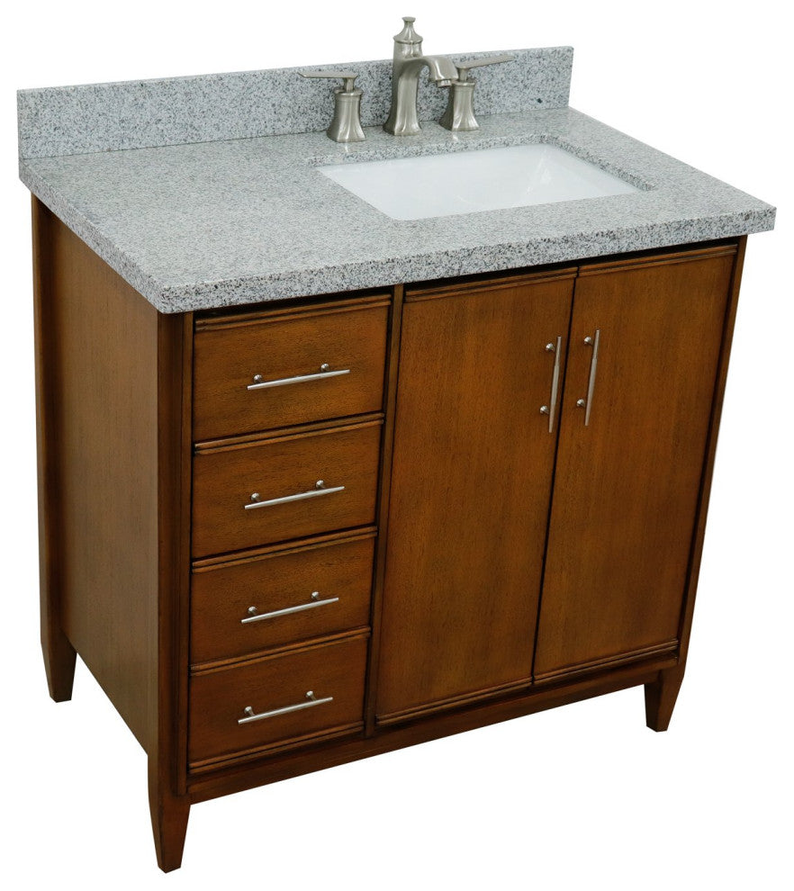 37" Single Vanity, Walnut Finish With Gray Granite