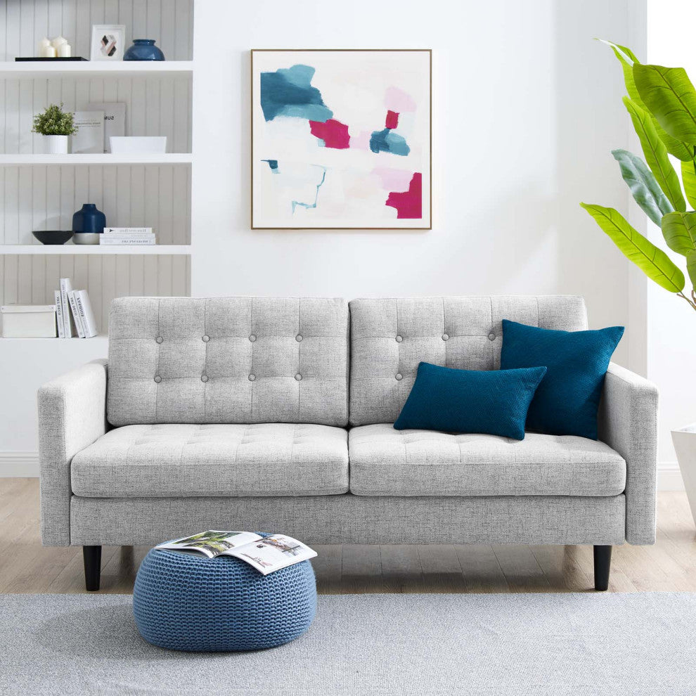 Tufted Sofa, Fabric, Gray, Modern, Living Lounge Hotel Lobby Hospitality