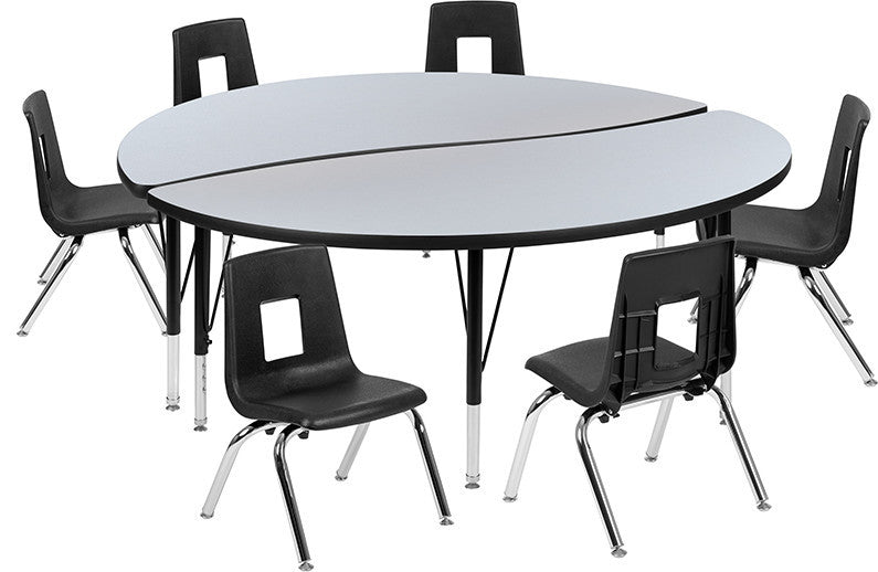 60" Circle Wave Activity Table Set with 14" Student Stack Chairs, Grey