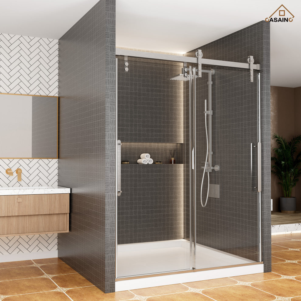 59-in to 60-in x 76-in Frameless Sliding Shower Door, Brushed Nickel