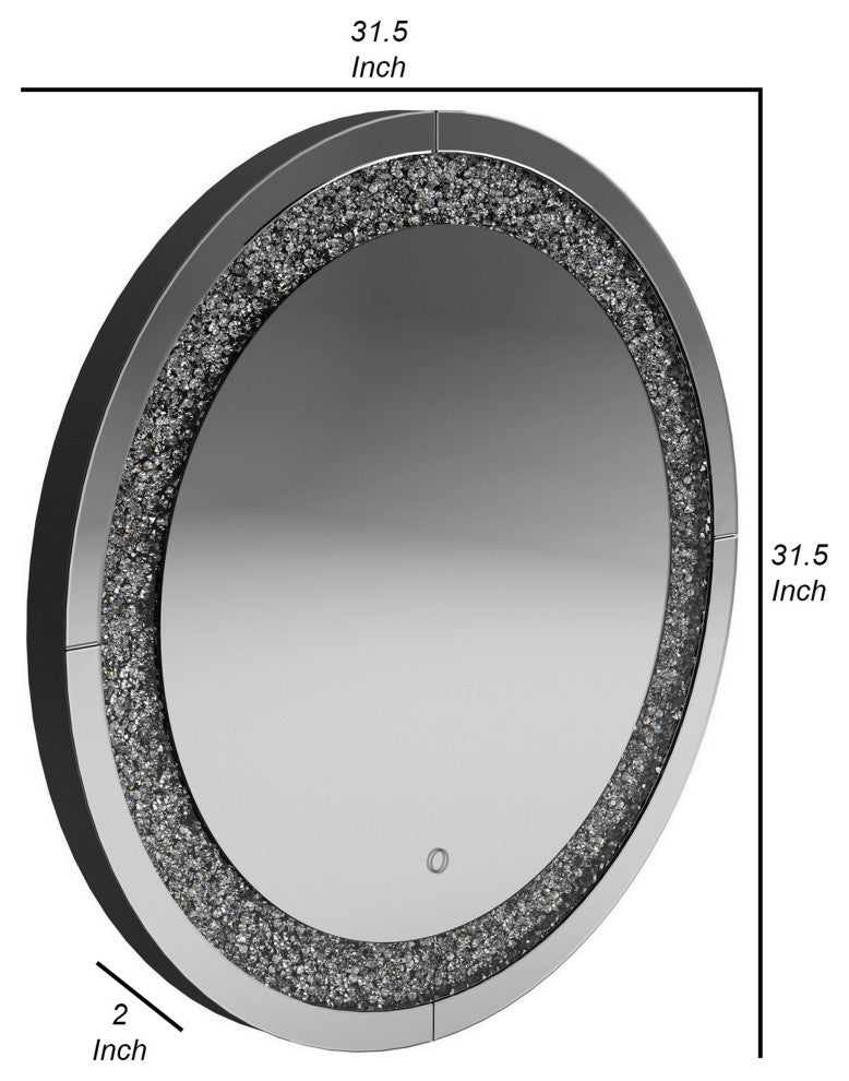 Benzara BM282037 Modern Vanity Wall Mirror, Round, Crystal Frame, Glass, Silver
