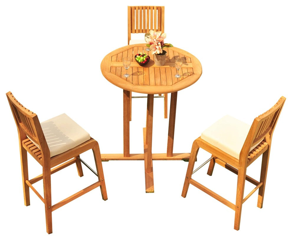 4-Piece Outdoor Patio Teak Bar Set: 36" Round Table, 3 Maldives Armless Chairs
