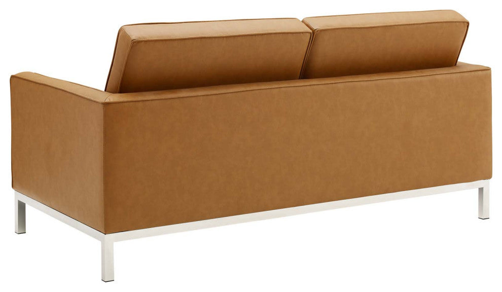 Tufted Armchair and Loveseat Sofa Set, Faux Leather, Silver Tan, Modern, Lounge