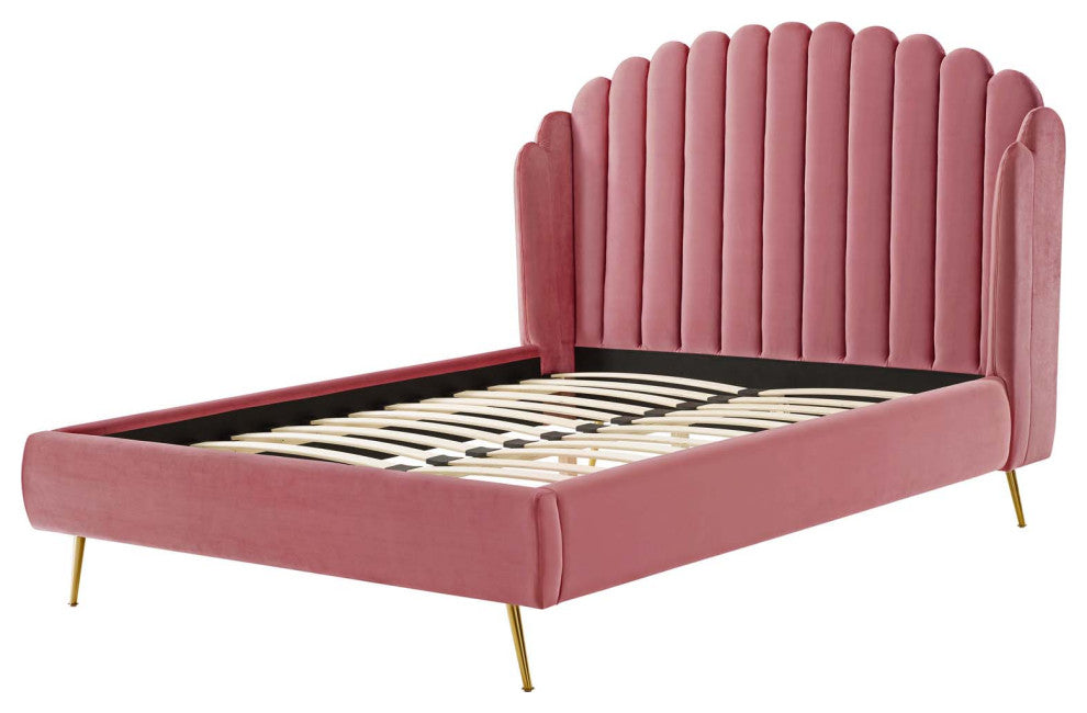 Platform Bed Frame, Queen Size, Velvet, Pink, Modern Contemporary, Bedroom