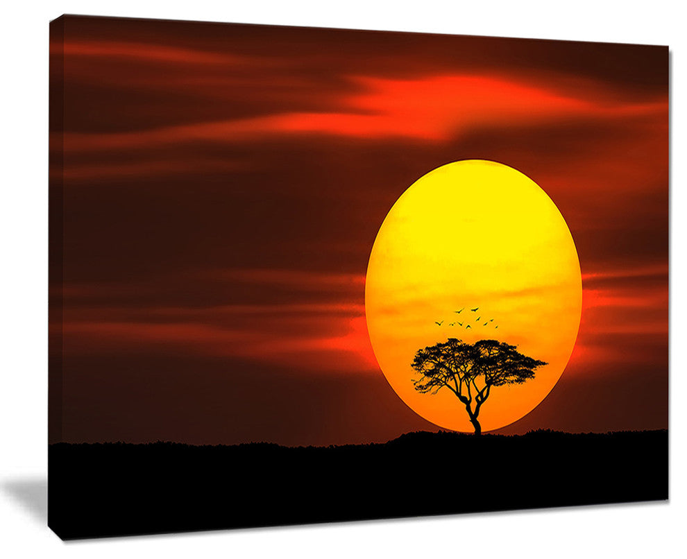 "Lonely Tree With Birds At Sunset" Extra Large Wall Art Landscape, 20"x12"