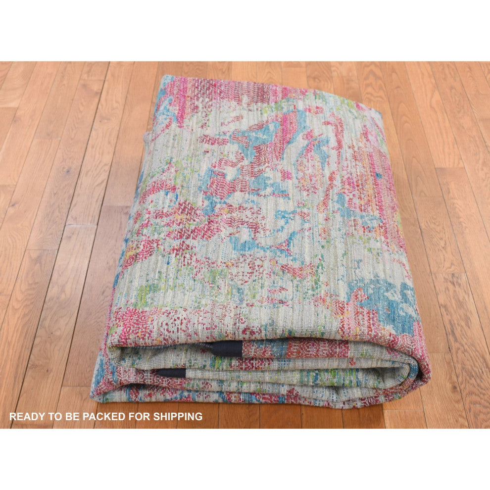 Cinereous Gray, Abstract Design, Silk With Wool, Hand Knotted Rug, 8'10"x12'2"