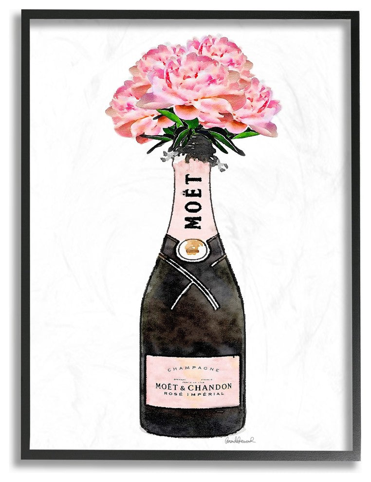 Champagne Bottle Pink Flowers Watercolor Oversized Framed Giclee Art, 16"x20"