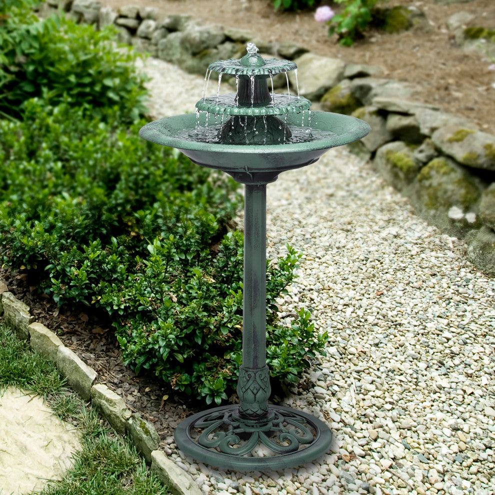 35" Tall Outdoor 3-Tiered Pedestal Water Fountain and Birdbath, Green