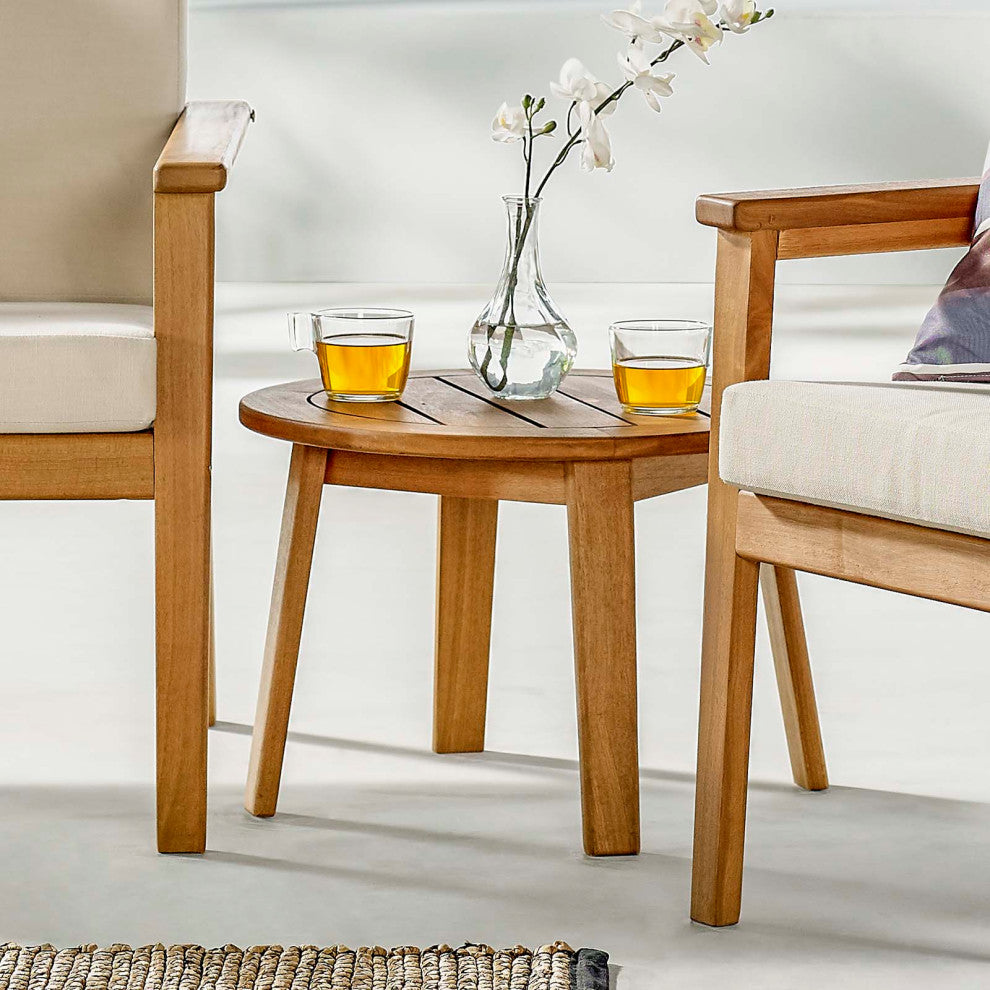 Lounge Side Table, Round, Wood, Brown Natural, Modern, Outdoor Patio Cafe Bistro