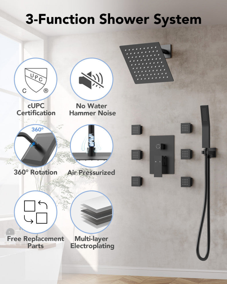 3-Function Shower Faucet System with Pressure Balance Valve, Matte Black