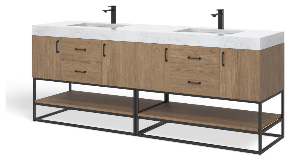 Bahia Bath Vanity, Oak, 84", Matte Black Hardware, Double, Freestanding