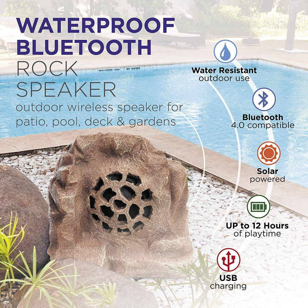 Solar-Powered Outdoor Waterproof Bluetooth Rock Speaker, Brown