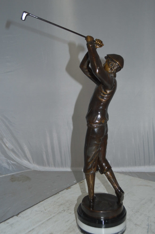 Golfer on Marble Bronze Statue -  Size: 8"L x 8"W x 22"H.