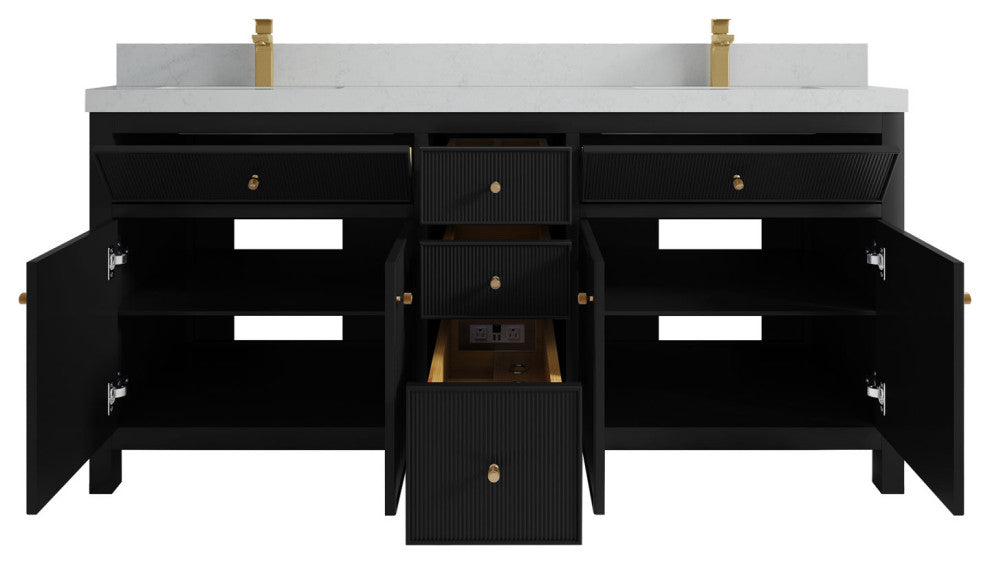 Sonoma 72 Double Sink Reeded Bath Vanity in Black 2" Carrara Quartz