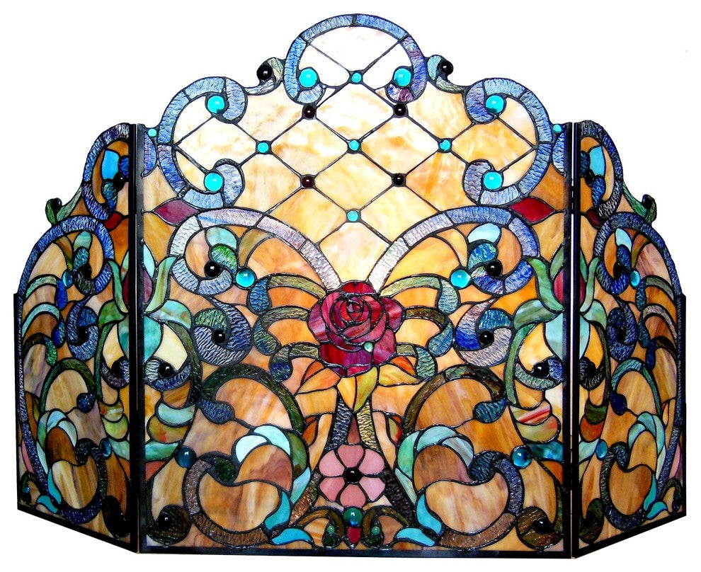 Chloe-Lighting Tiffany-Glass 3-Piece Folding Victorian Fireplace Screen