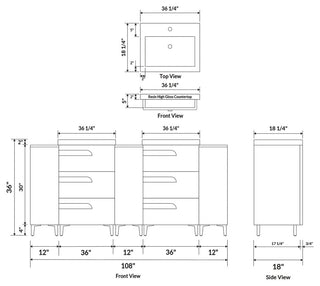 Freestanding White Vanity Set - Two Sink Bases Three 12 Side Bases, 108"