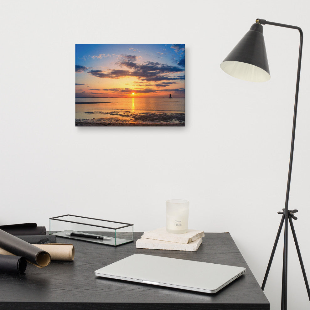 Sunset at Breakwater Lighthouse Coastal Landscape Photo Canvas Print, 12" X 16"
