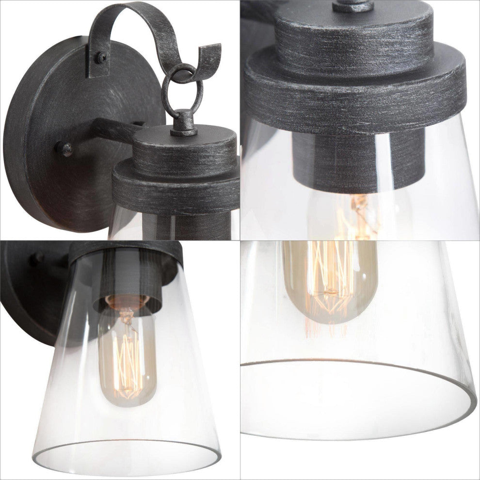 1-Light Modern Clear Glass Outdoor Wall Lamp, Set of 2, Brushed Black, 11"