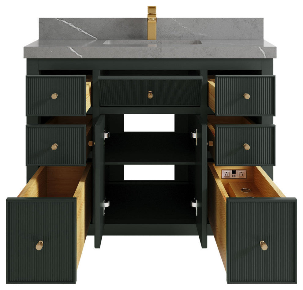 Sonoma 42 Single Sink Reeded Bath Vanity in Dark Forest Green 2" Piatra Gray