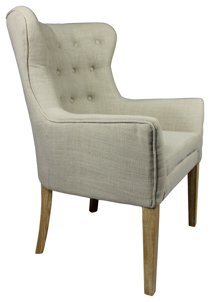 Ashton Armchair Upholstered in Beige Fabric with Button Tufting and Wooden Legs