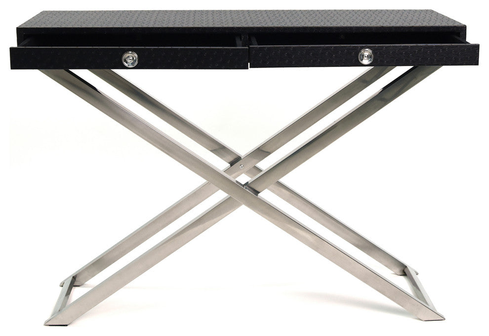Black Ostrich Leather Console Table With Stainless Steel Legs