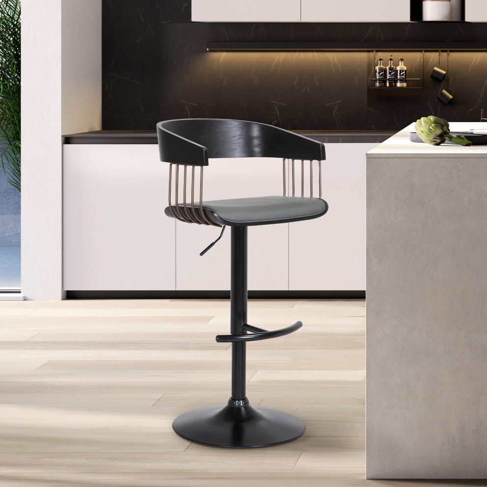 Larisa Adjustable Black Wood Bar Stool Gray Faux Leather Bronze and Black Metal