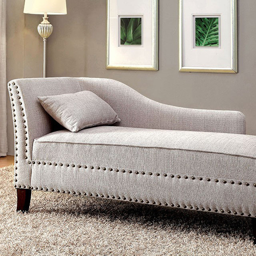 Fabric Upholstered Chaise With Pillow And Nailhead Trim, Light Gray