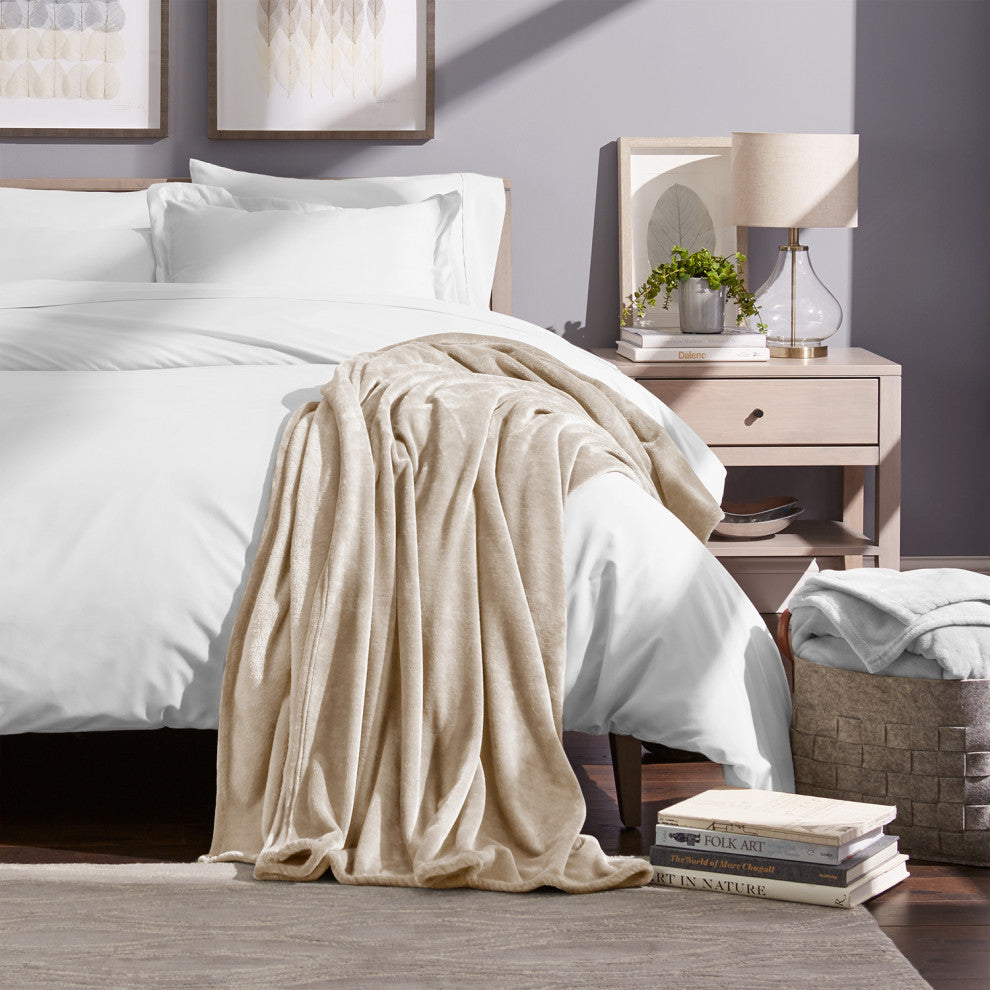 Bare Home Microplush Fleece Blanket, Oyster, Throw/Travel