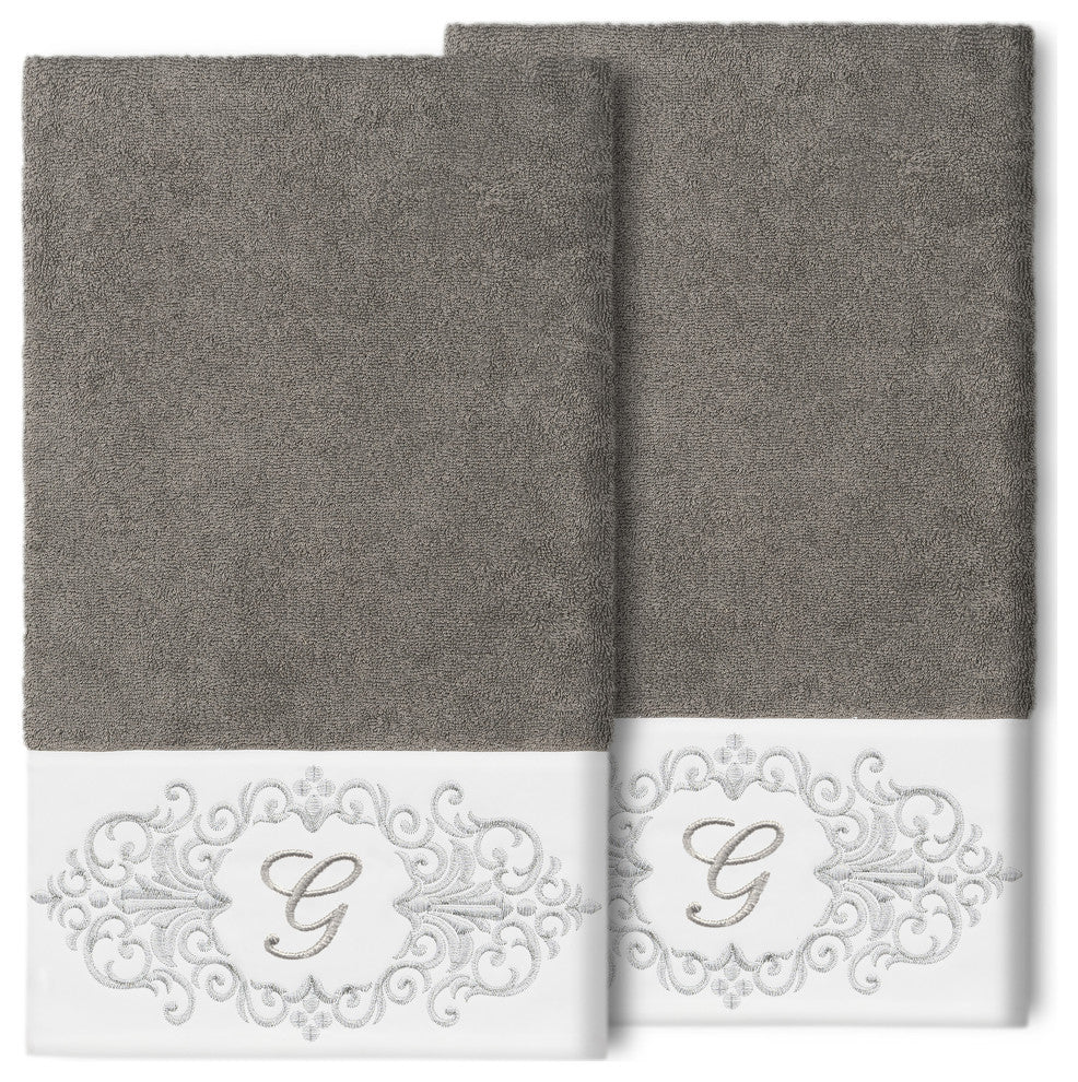Linum Home Turkish Cotton Monica 2-Piece Embellished Bath Towel Set, Dark Gray