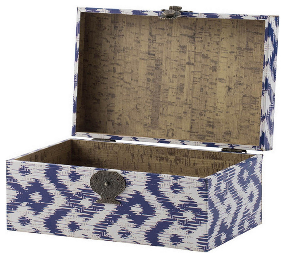 Benzara 10" Wood Boxes, Classic Blue White Quatrefoil Design, 2-Piece Set