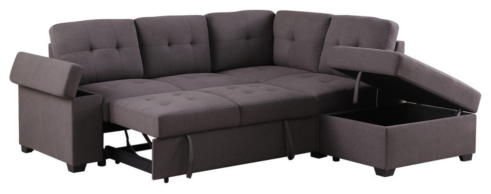 Katie Brown Linen Sleeper Sectional Sofa With Storage Ottoman, Storage Arm
