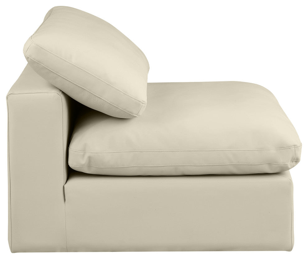 Comfy Beige Linen Textured Fabric Modular Chair, Cream, Vegan Leather, Armless Chair