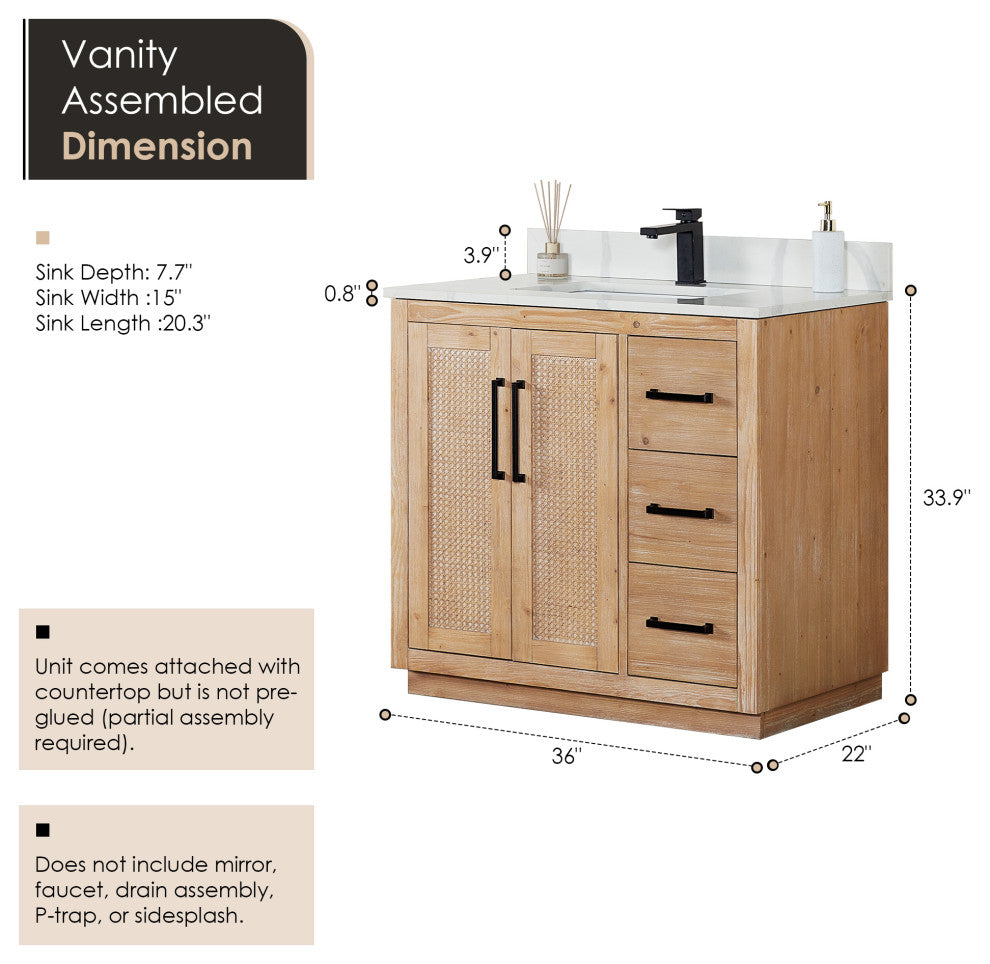 Floral Vanity, Calacatta White Quartz Countertop, Light Brown, 36", No Mirror