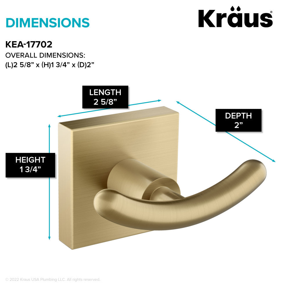 Ventus Bathroom Robe Towel Double Hook, Brushed Gold