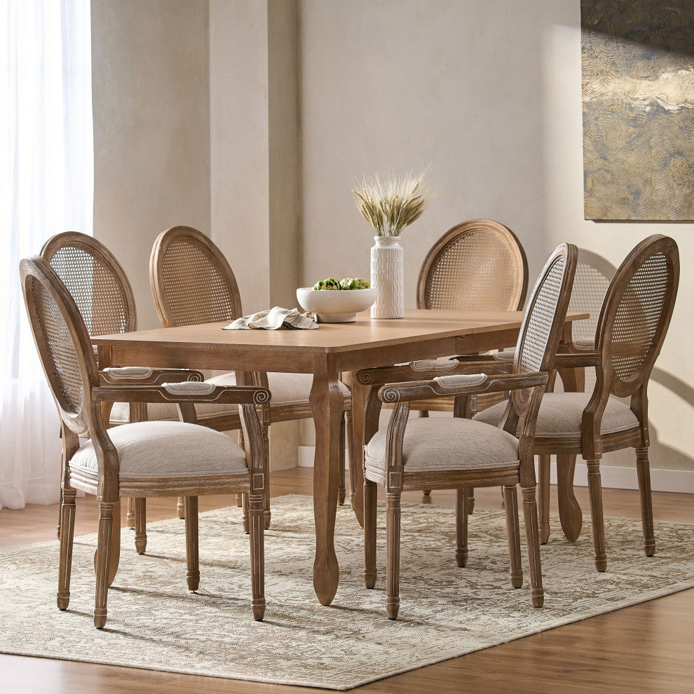 Comisky Fabric Upholstered Wood and Cane Expandable 7-Piece Dining Set, Natural Brown/Beige