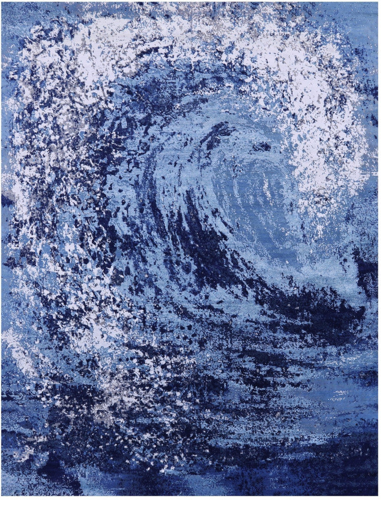 7' 9" X 10' 3" Modern Ocean Design Hand-Knotted Wool and Silk Rug Q7130