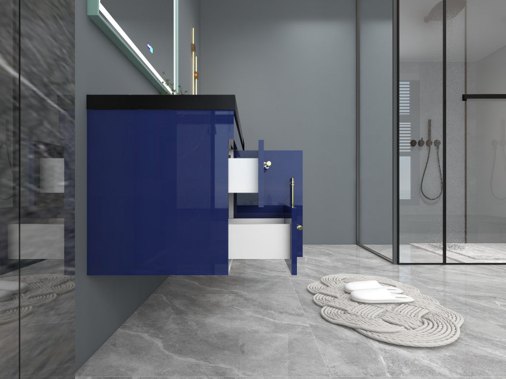 Rosa 48" Wall Mounted Modern Vanity, High Gloss Night Blue, Matt Black Top