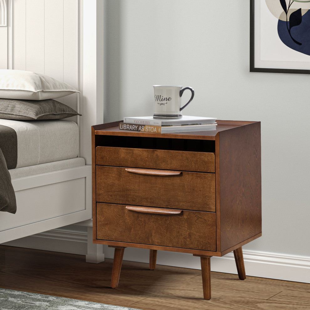 Mid-Century Modern 3-Drawer Nightstand With Charging Station, Walnut