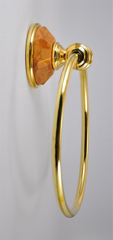 Towel Ring With Rosso Verona Marble Accents, Unlacquered Bronze