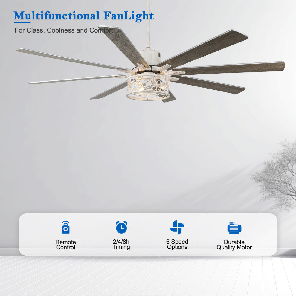 72" Antique Large Ceiling Fan with Light Kit, 8 Wood Blades Ceiling Fan, Chrome