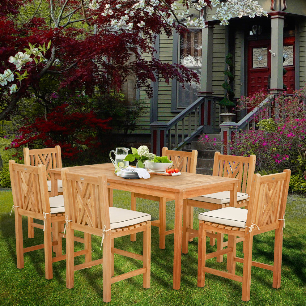 7 Piece Teak Chippendale 71" Rect Counter Set, 6 Armless Counter Stools