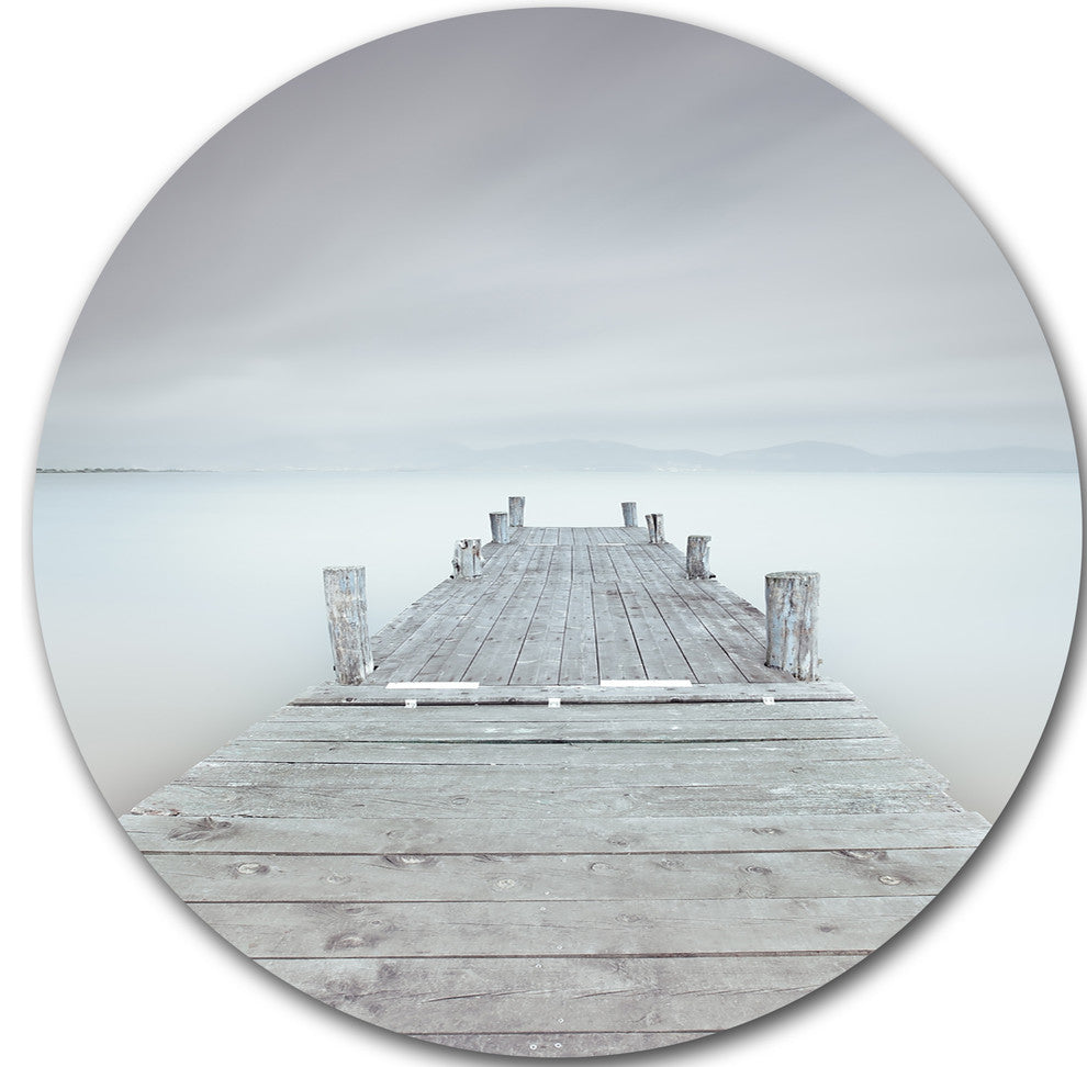 Wooden Pier In Cloudy Mood, Seascape Photo Disc Metal Wall Art, 36"