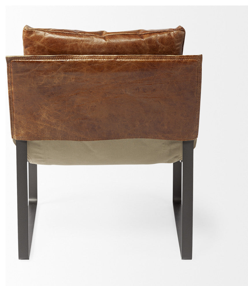 35" Brown and Black Leather Distressed Lounge Chair