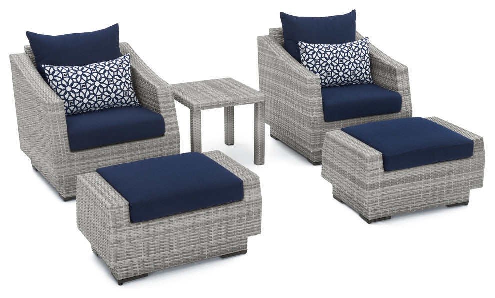 Cannes 5 Piece Sunbrella Outdoor Patio Club Chair and Ottoman Set, Navy Blue