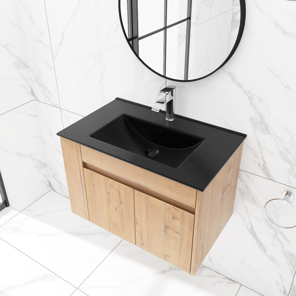30 inch Wood Wall-Mounted Bathroom Vanity Set with Integrated Resin Sink, Imitative Oakï¼Œblack