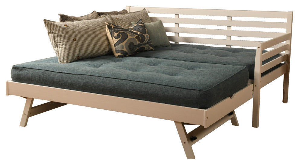 Boho Daybed With Pop Up and Linen Aqua Mattresses, White