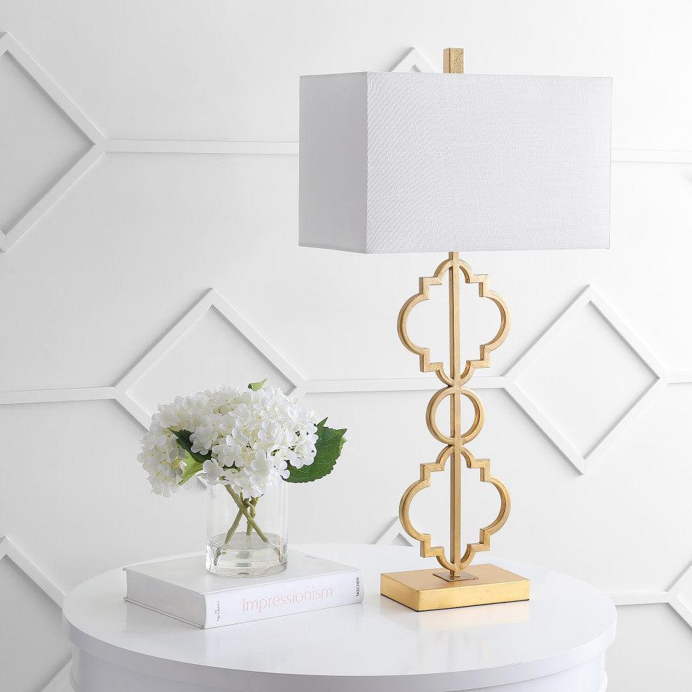 Selina 32" Iron Ogee Trellis Modern LED USB Table Lamp, Gold by JONATHAN Y