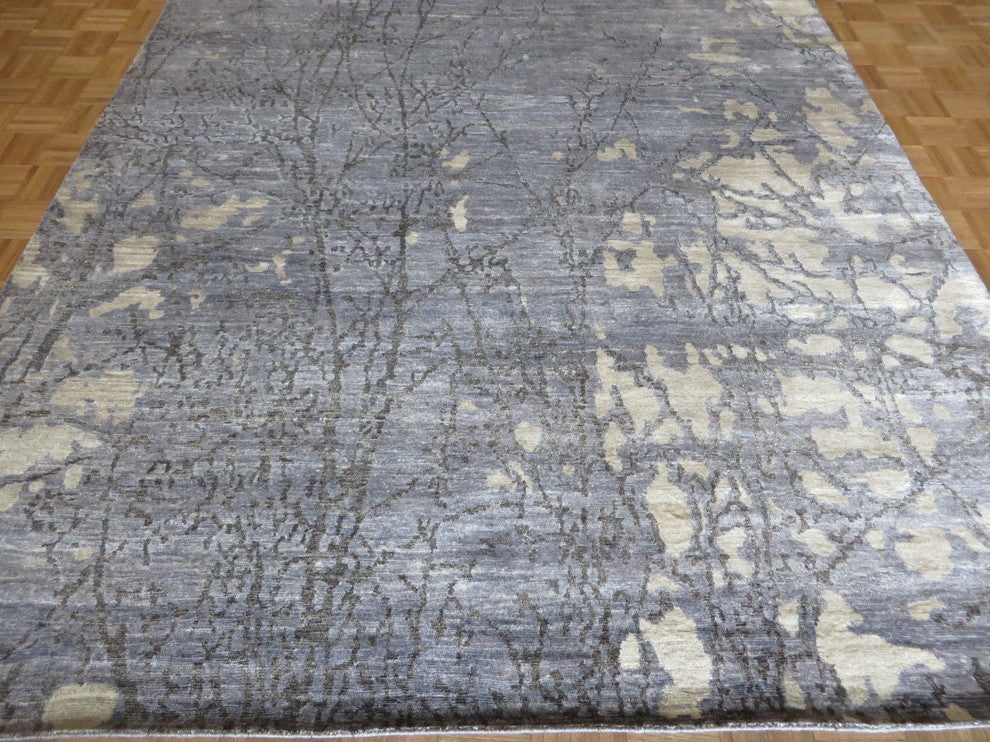 Hand Knotted Sky Blue Modern Abstract Oriental Rug With Silk, 8x10