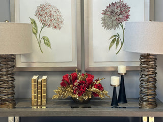 Hydrangea Holiday Arrangement with Bows in a Ceramic Container